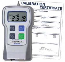 Shimpo FGE-100XY digital force gauge, 100lb/50.00kg/500.0N, with traceable calibration certificate